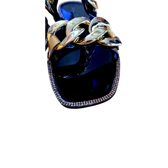 Lauren Lorraine Gold Chain Slides | Black Patent Rhinestone Sandals Size 7 NIB - Picture 3 of 6